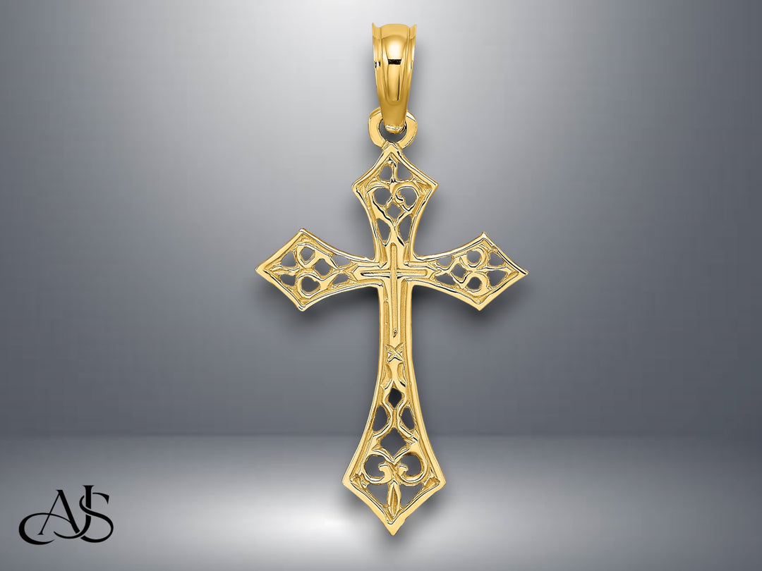 14K Yellow Gold Filigree Cross Charm with Necklace Chain Options