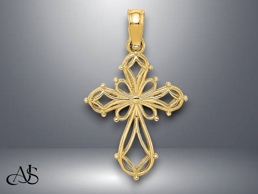 14K Yellow Gold Cut-Out Fancy Cross Charm with Necklace Chain Options