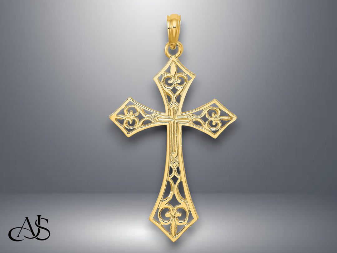 14K Yellow Gold Filigree Cross Charm with Necklace Chain Options