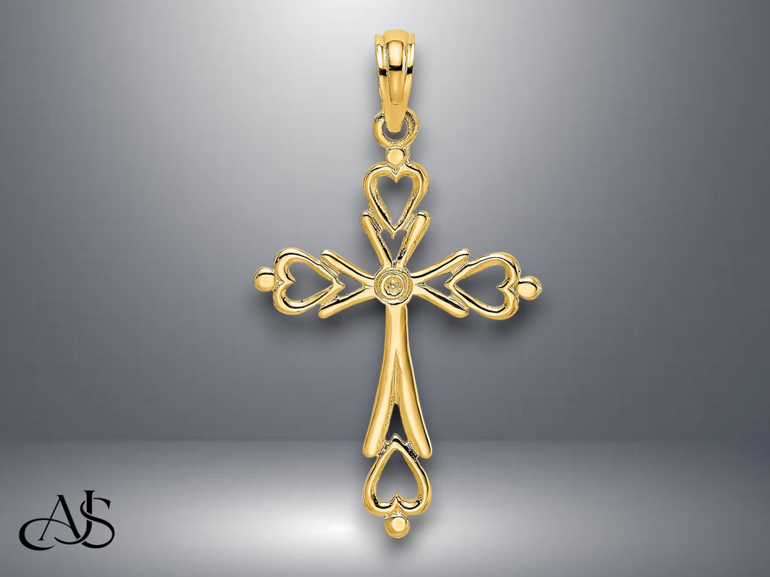 14K Yellow Gold Cross Cut-Out w/ Heart Ends Charm with Necklace Chain Options