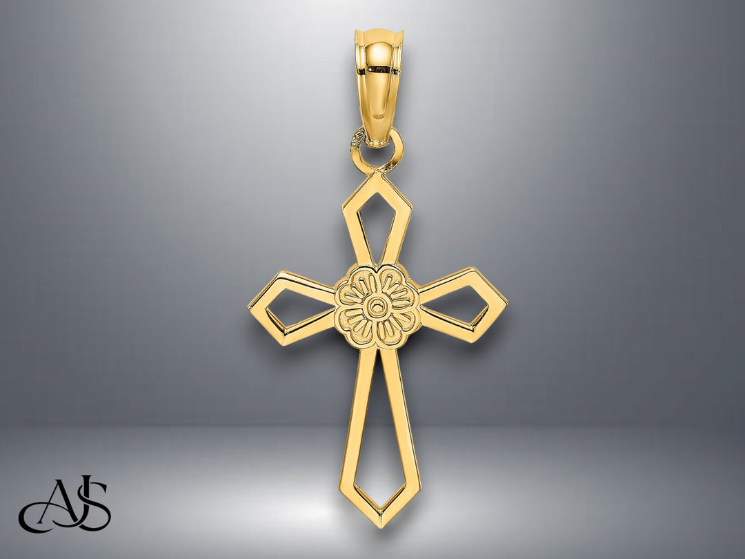 14K Yellow Gold Cut-Out and Flat Cross W/ Flower Charm with Necklace Chain Options