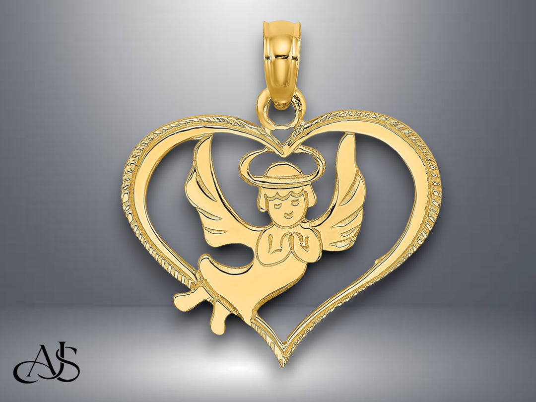14K Yellow Gold Polished Angel In Heart Charm with Necklace Chain Options