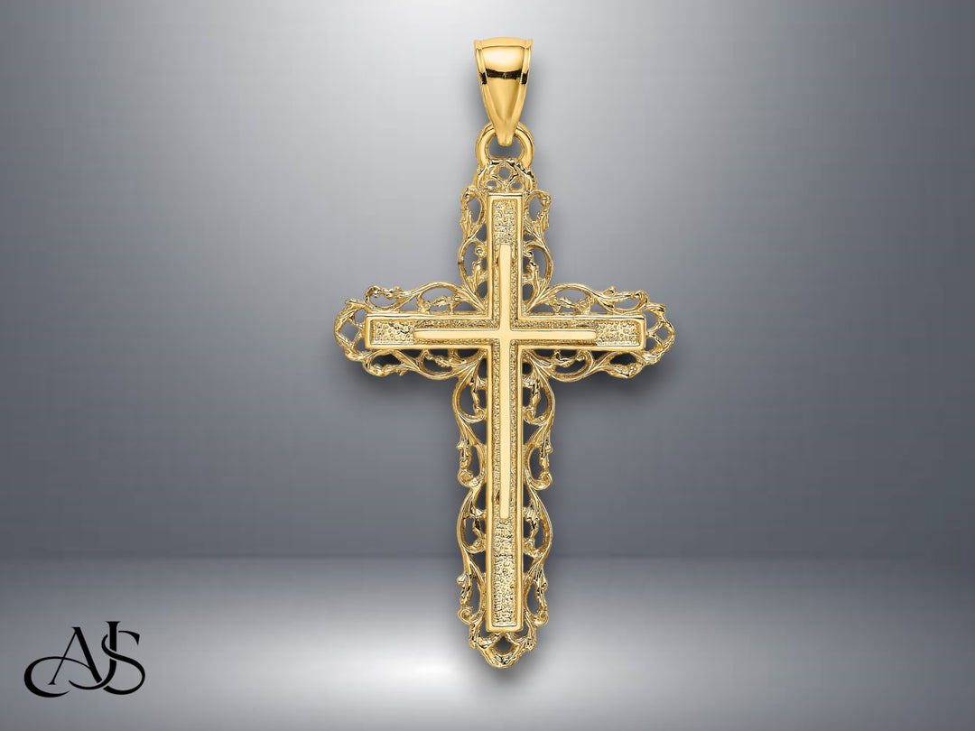 14K Yellow Gold Cross W/ Lace Trim Charm with Necklace Chain Options