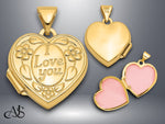 Load image into Gallery viewer, 14K Yellow Gold Floral I LOVE YOU Script 15mm Heart Locket | Build Your Locket Necklace with Engraving, Photo insertions, and Chain Options

