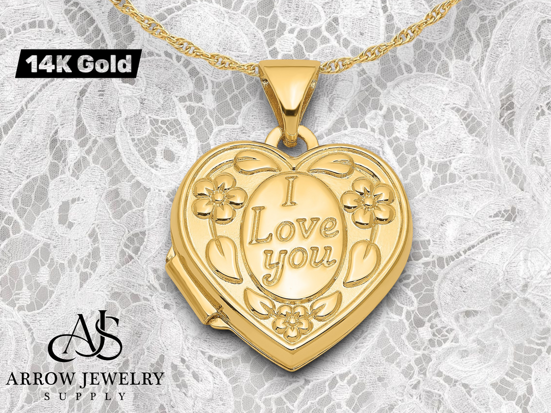 14K Yellow Gold Floral I LOVE YOU Script 15mm Heart Locket | Build Your Locket Necklace with Engraving, Photo insertions, and Chain Options