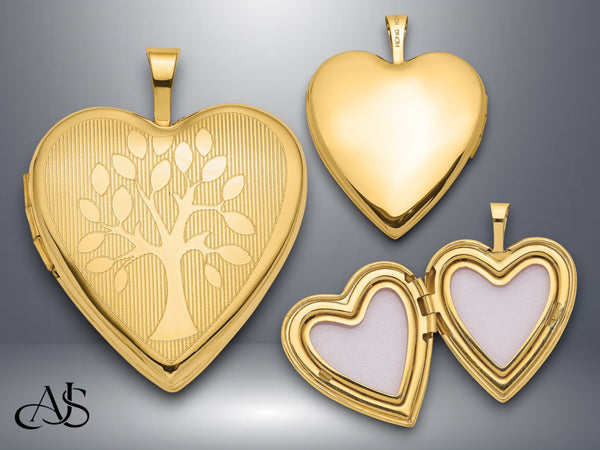 14K Yellow Gold Polished Tree 20mm Heart Locket | Build Your Locket Necklace with Engraving, Photo insertions, and Chain Options