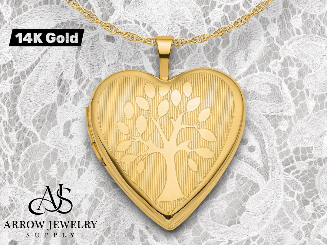 14K Yellow Gold Polished Tree 20mm Heart Locket | Build Your Locket Necklace with Engraving, Photo insertions, and Chain Options