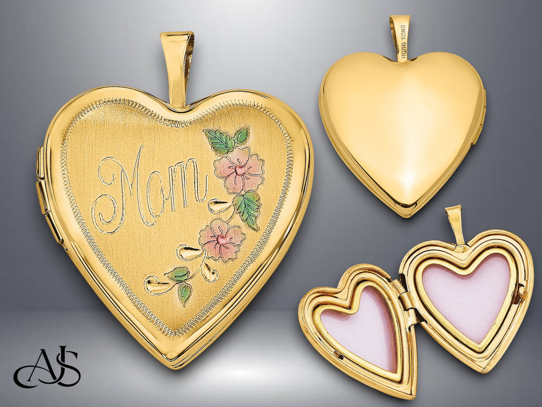 14K Yellow Gold Pink and Green Enameled Floral MOM Script 20mm Heart Locket | Build Your Locket Necklace with Engraving, Photo insertions, and Chain Options