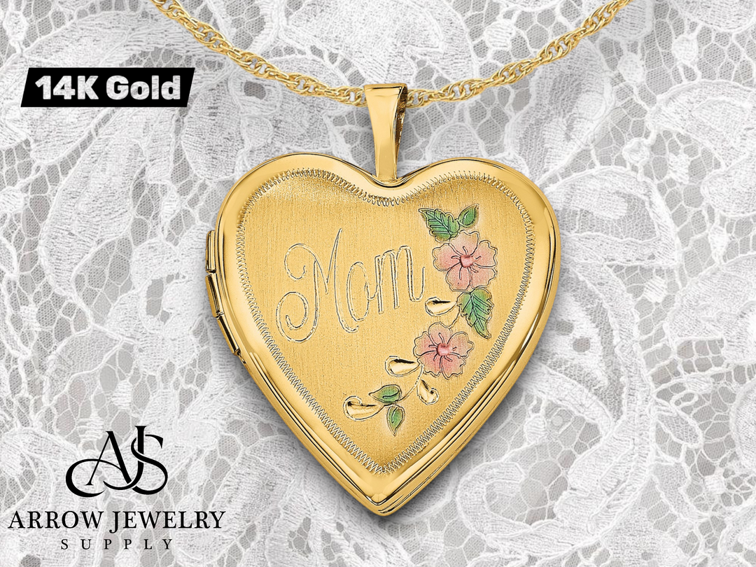 14K Yellow Gold Pink and Green Enameled Floral MOM Script 20mm Heart Locket | Build Your Locket Necklace with Engraving, Photo insertions, and Chain Options