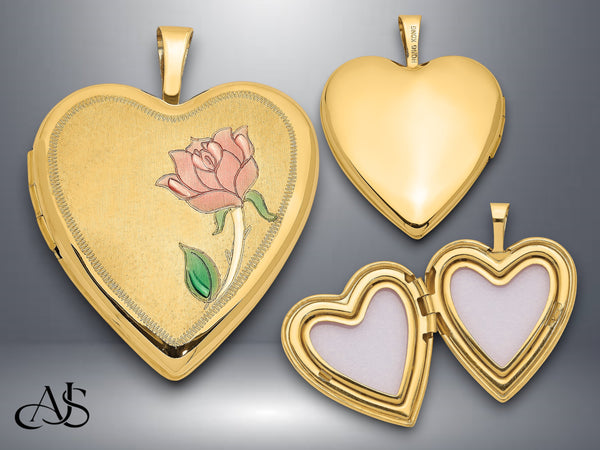 14K Yellow Gold Pink and Green Enamel Rose 20mm Heart Locket | Build Your Locket Necklace with Engraving, Photo insertions, and Chain Options