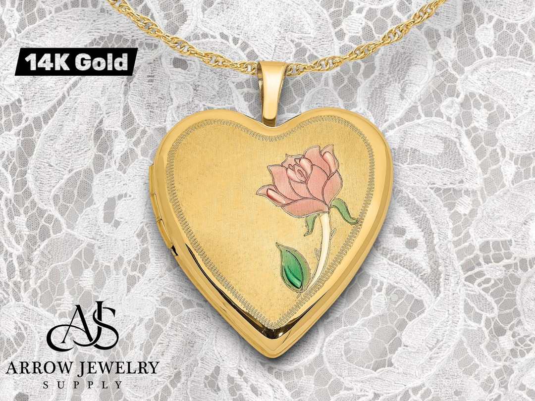 14K Yellow Gold Pink and Green Enamel Rose 20mm Heart Locket | Build Your Locket Necklace with Engraving, Photo insertions, and Chain Options