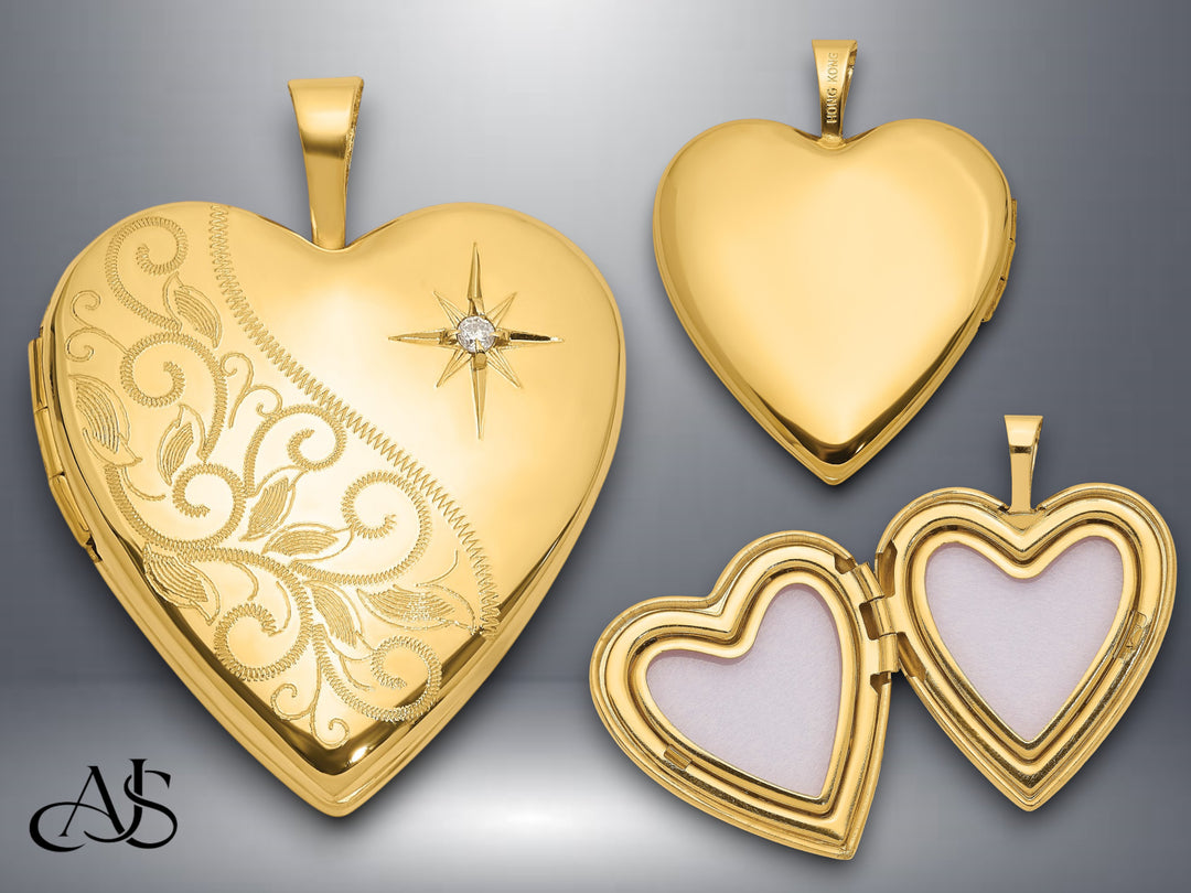 14K Yellow Gold Polished Diamond Scrolled 20mm Heart Locket | Build Your Locket Necklace with Engraving, Photo insertions, and Chain Options