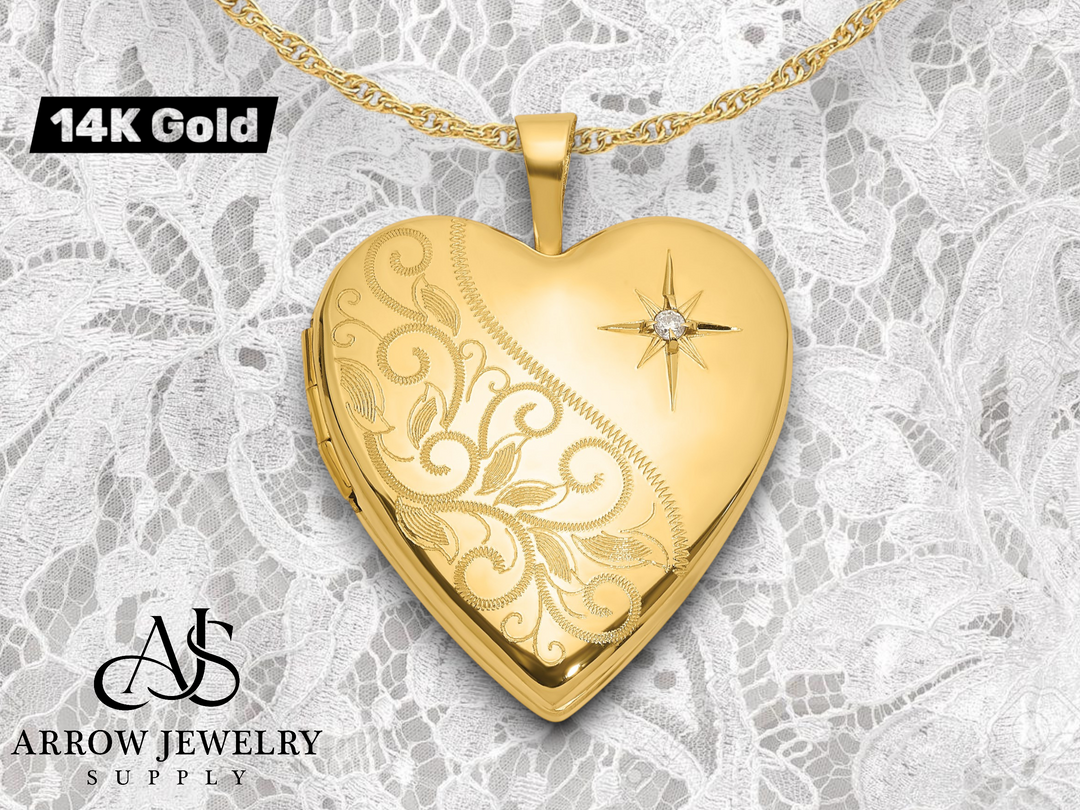 14K Yellow Gold Polished Diamond Scrolled 20mm Heart Locket | Build Your Locket Necklace with Engraving, Photo insertions, and Chain Options