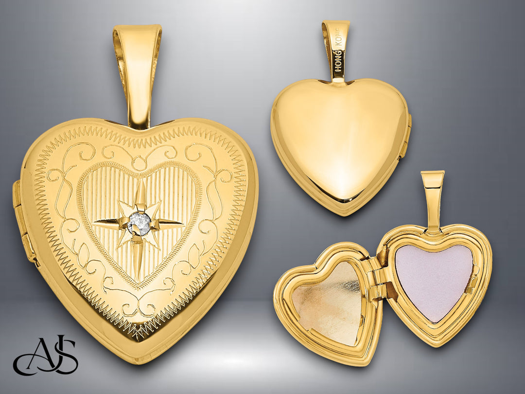 14K Yellow Gold Polished Scrolled Border .01ct. Diamond Star 12mm Heart Locket | Build Your Locket Necklace with Engraving, Photo insertions, and Chain Options