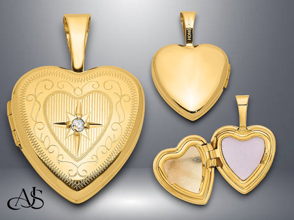 14K Yellow Gold Polished Scrolled Border .01ct. Diamond Star 12mm Heart Locket | Build Your Locket Necklace with Engraving, Photo insertions, and Chain Options