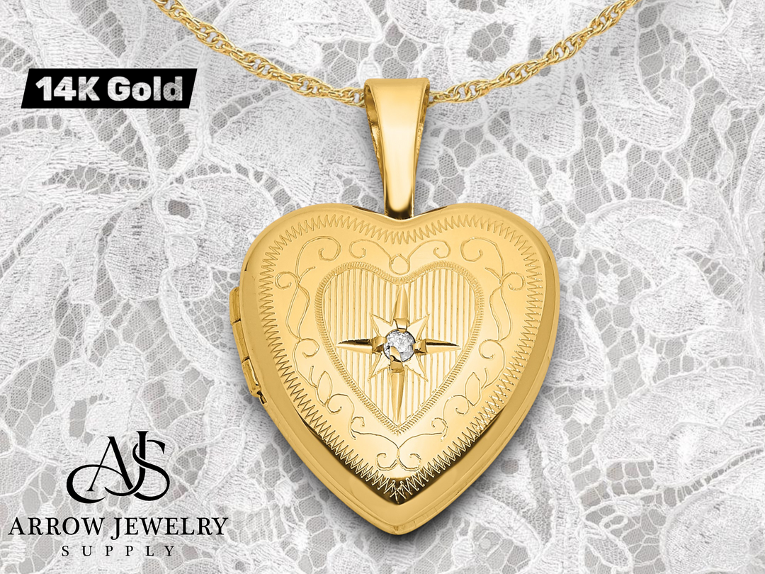 14K Yellow Gold Polished Scrolled Border .01ct. Diamond Star 12mm Heart Locket | Build Your Locket Necklace with Engraving, Photo insertions, and Chain Options