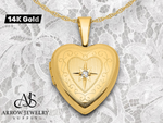 Load image into Gallery viewer, 14K Yellow Gold Polished Scrolled Border .01ct. Diamond Star 12mm Heart Locket | Build Your Locket Necklace with Engraving, Photo insertions, and Chain Options
