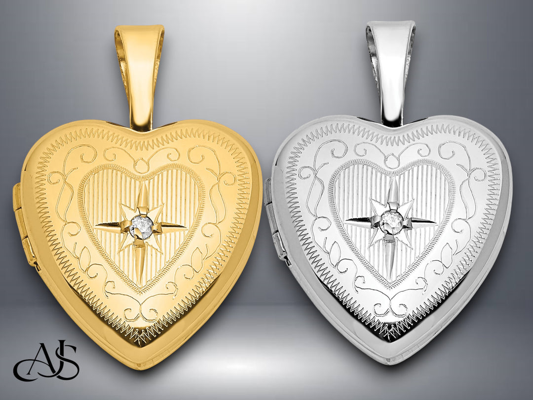 14K Yellow Gold Polished Scrolled Border .01ct. Diamond Star 12mm Heart Locket | Build Your Locket Necklace with Engraving, Photo insertions, and Chain Options