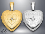Load image into Gallery viewer, 14K Yellow Gold Polished Scrolled Border .01ct. Diamond Star 12mm Heart Locket | Build Your Locket Necklace with Engraving, Photo insertions, and Chain Options

