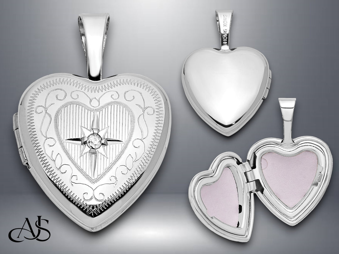 14K Yellow Gold Polished Scrolled Border .01ct. Diamond Star 12mm Heart Locket | Build Your Locket Necklace with Engraving, Photo insertions, and Chain Options