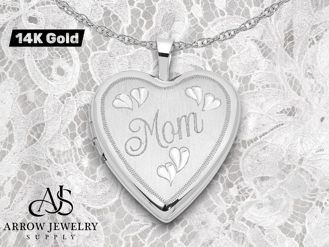 14K White Gold MOM Script with Hearts 20mm Heart Locket | Build Your Locket Necklace with Engraving, Photo insertions, and Chain Options