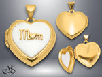 Load image into Gallery viewer, 14K Yellow Gold Polished White Agate MOM Script 18mm Heart Locket  | Build Your Locket Necklace with Engraving, Photo insertions, and Chain Options
