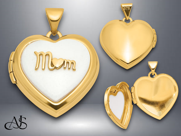 14K Yellow Gold Polished White Agate MOM Script 18mm Heart Locket  | Build Your Locket Necklace with Engraving, Photo insertions, and Chain Options