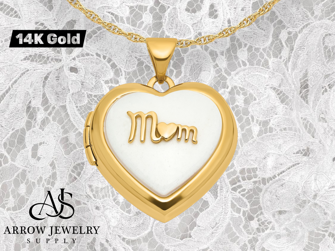 14K Yellow Gold Polished White Agate MOM Script 18mm Heart Locket  | Build Your Locket Necklace with Engraving, Photo insertions, and Chain Options
