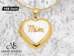 Load image into Gallery viewer, 14K Yellow Gold Polished White Agate MOM Script 18mm Heart Locket  | Build Your Locket Necklace with Engraving, Photo insertions, and Chain Options
