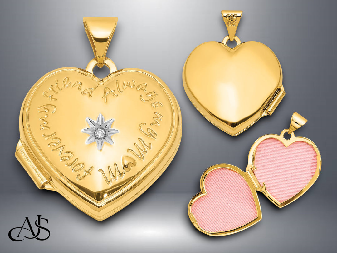 14K Yellow White Gold Diamond Star 'For ever my best friend always my mom ' 18mm Heart Locket | Build Your Locket Necklace with Engraving, Photo insertions, and Chain Options