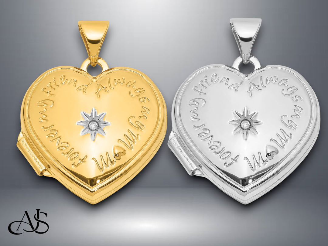 14K Yellow White Gold Diamond Star 'For ever my best friend always my mom ' 18mm Heart Locket | Build Your Locket Necklace with Engraving, Photo insertions, and Chain Options