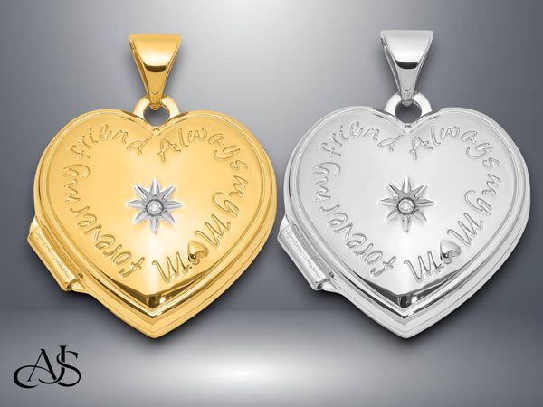 14K Yellow White Gold Diamond Star 'For ever my best friend always my mom ' 18mm Heart Locket | Build Your Locket Necklace with Engraving, Photo insertions, and Chain Options