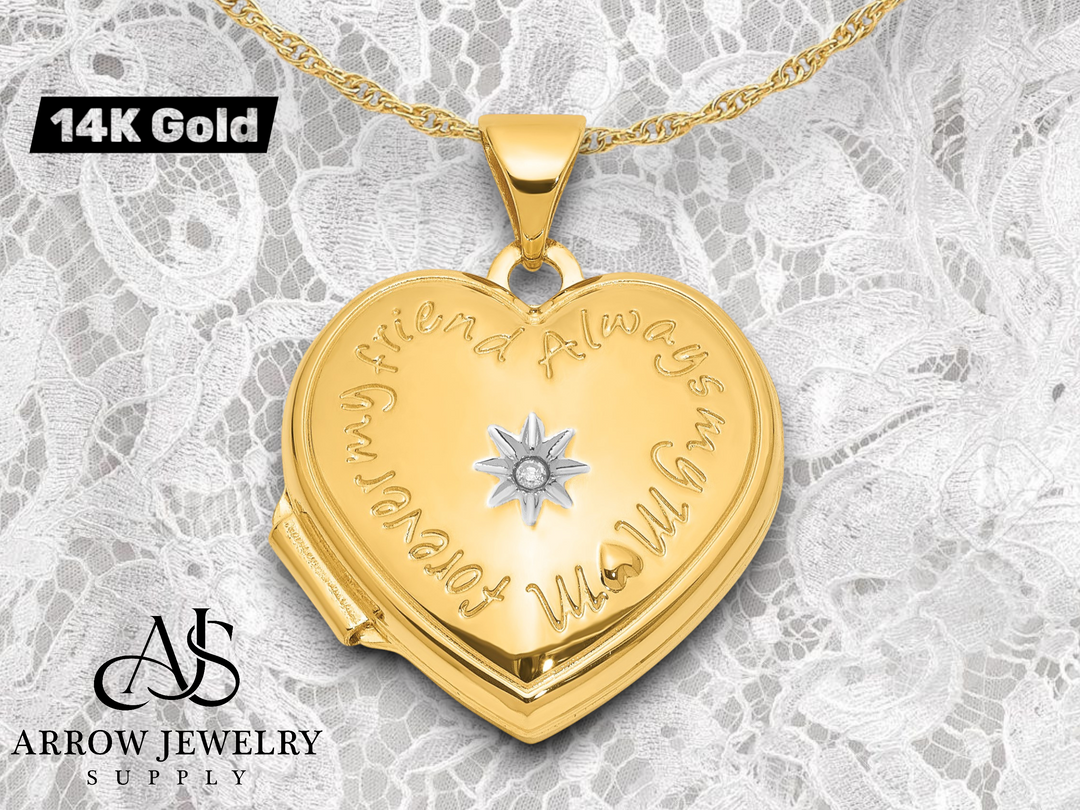 14K Yellow White Gold Diamond Star 'For ever my best friend always my mom ' 18mm Heart Locket | Build Your Locket Necklace with Engraving, Photo insertions, and Chain Options