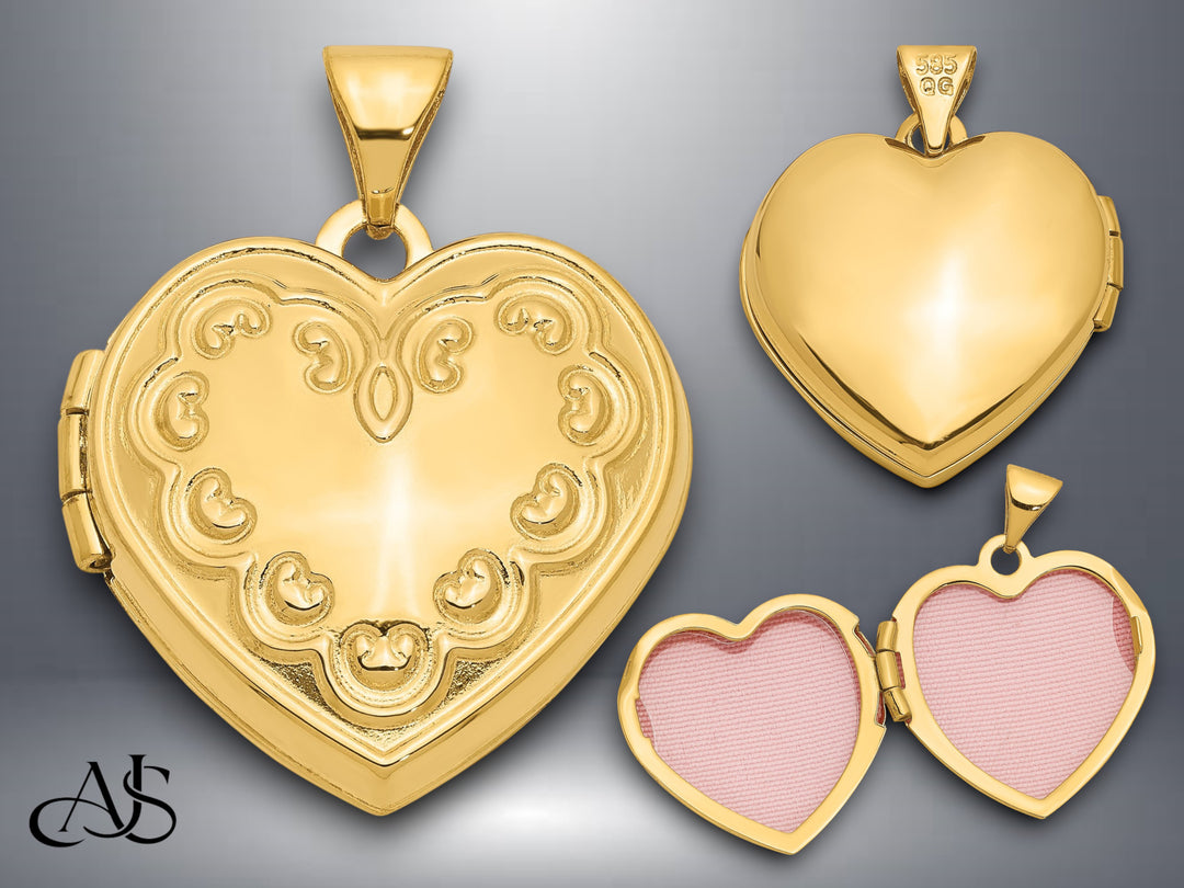 14K Yellow Gold Domed Heart Border 18mm Heart Locket | Build Your Locket Necklace with Engraving, Photo insertions, and Chain Options