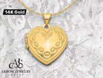 Load image into Gallery viewer, 14K Yellow Gold Domed Heart Border 18mm Heart Locket | Build Your Locket Necklace with Engraving, Photo insertions, and Chain Options

