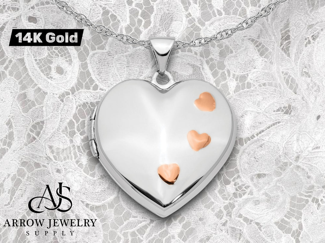 14K White Gold with Rose Rhodium 22mm Heart Locket | Build Your Locket Necklace with Engraving, Photo insertions, and Chain Options