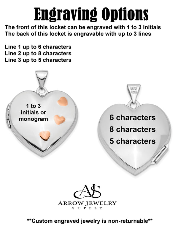 14K White Gold with Rose Rhodium 22mm Heart Locket | Build Your Locket Necklace with Engraving, Photo insertions, and Chain Options