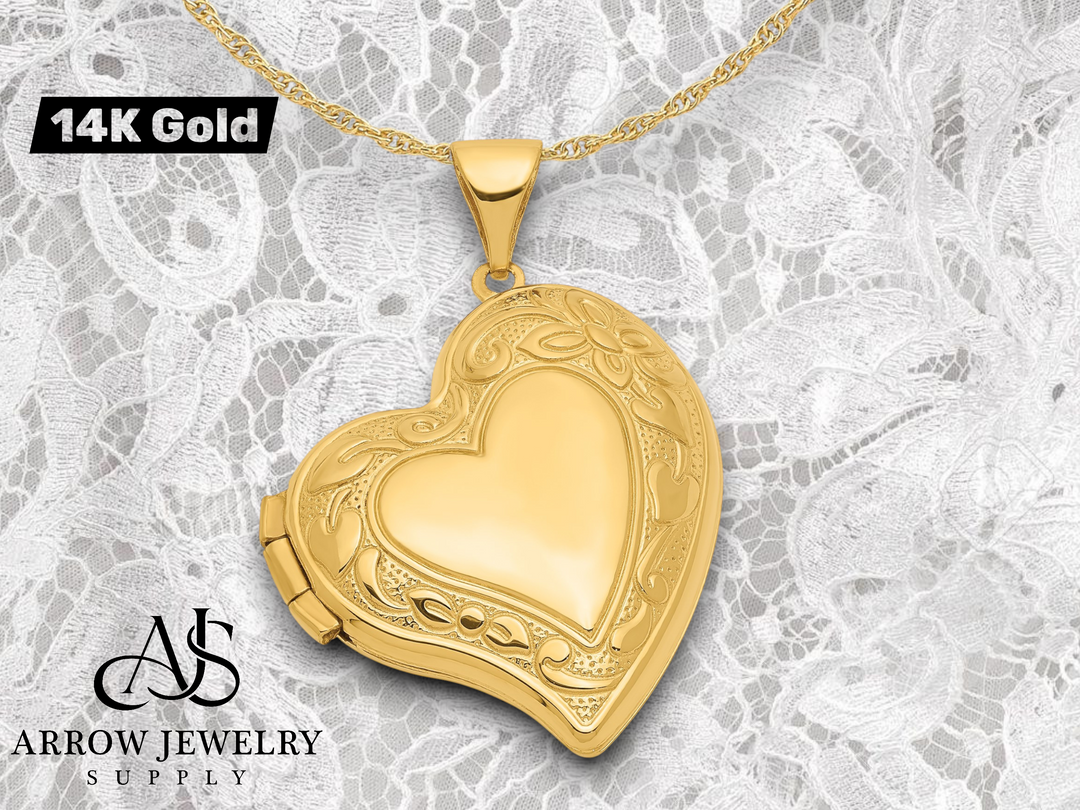 14K Yellow Gold Fancy 20mm Heart Locket | Build Your Locket Necklace with Engraving, Photo insertions, and Chain Options