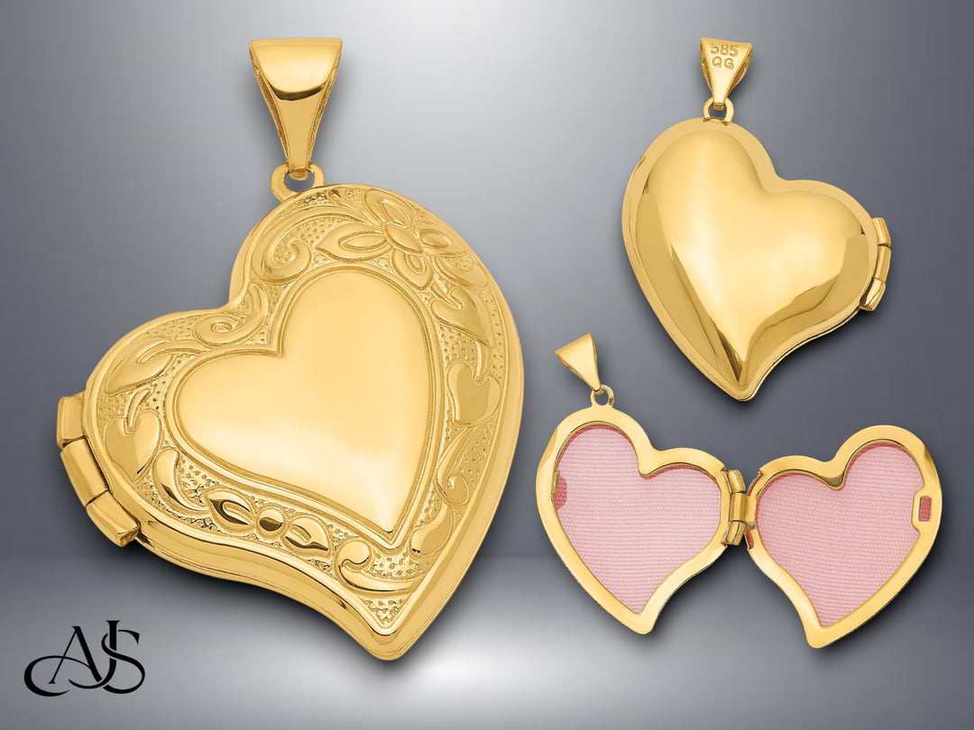 14K Yellow Gold Fancy 20mm Heart Locket | Build Your Locket Necklace with Engraving, Photo insertions, and Chain Options