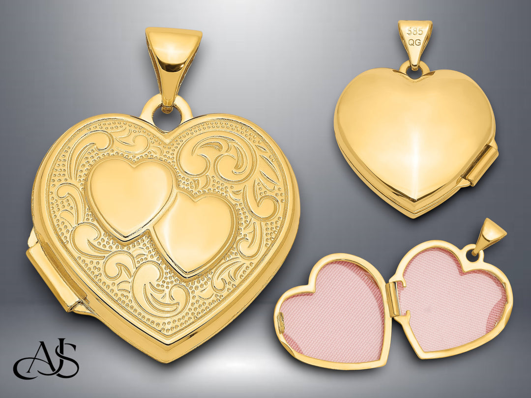 14K Yellow Gold Two Hearts 18mm Heart Locket  | Build Your Locket Necklace with Engraving, Photo insertions, and Chain Options