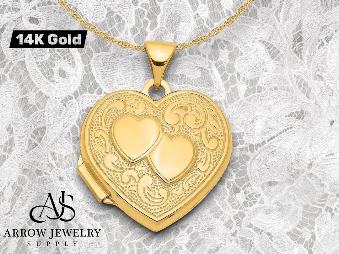 14K Yellow Gold Two Hearts 18mm Heart Locket  | Build Your Locket Necklace with Engraving, Photo insertions, and Chain Options