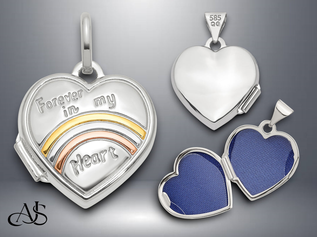 14K Yellow White Gold with Rose and White Rhodium forever in my heart 15mm Heart Locket | Build Your Locket Necklace with Engraving, Photo insertions, and Chain Options