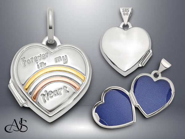 14K Yellow White Gold with Rose and White Rhodium forever in my heart 15mm Heart Locket | Build Your Locket Necklace with Engraving, Photo insertions, and Chain Options