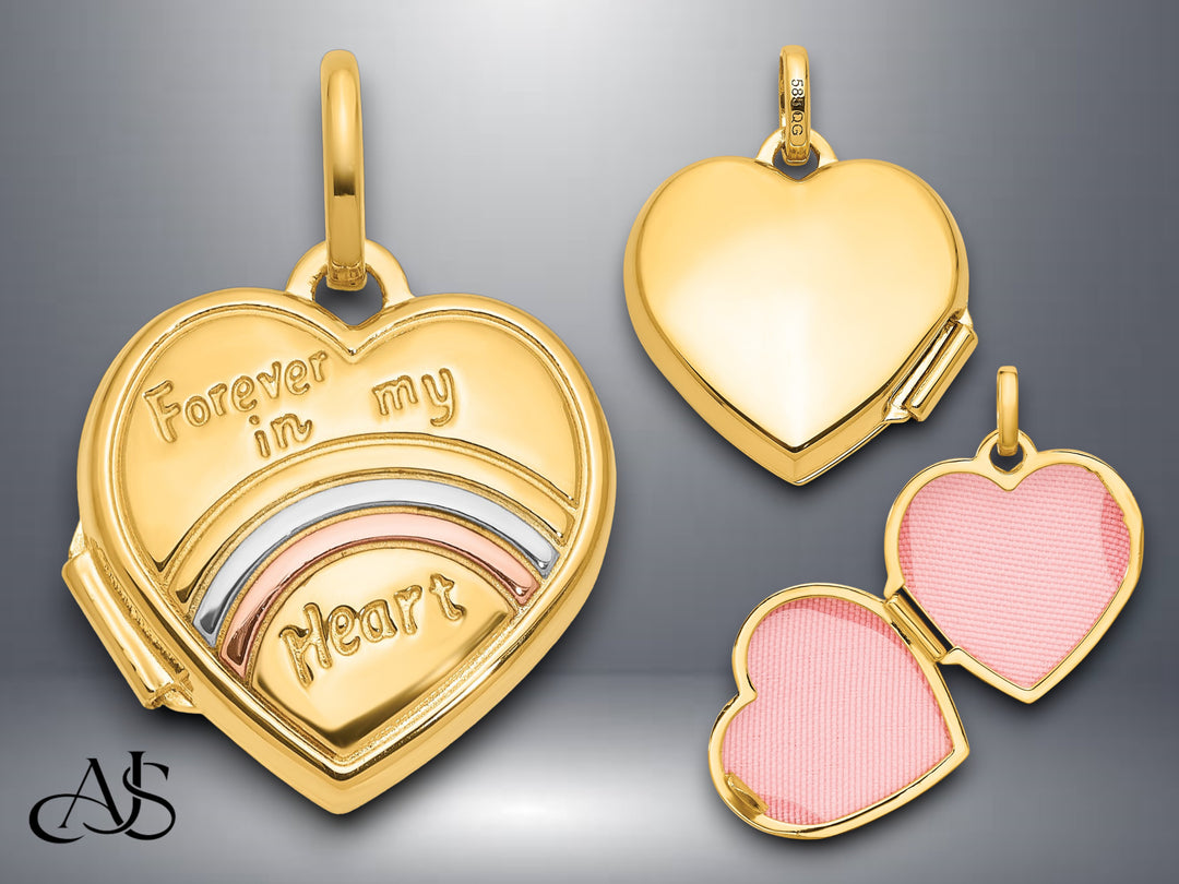 14K Yellow White Gold with Rose and White Rhodium forever in my heart 15mm Heart Locket | Build Your Locket Necklace with Engraving, Photo insertions, and Chain Options