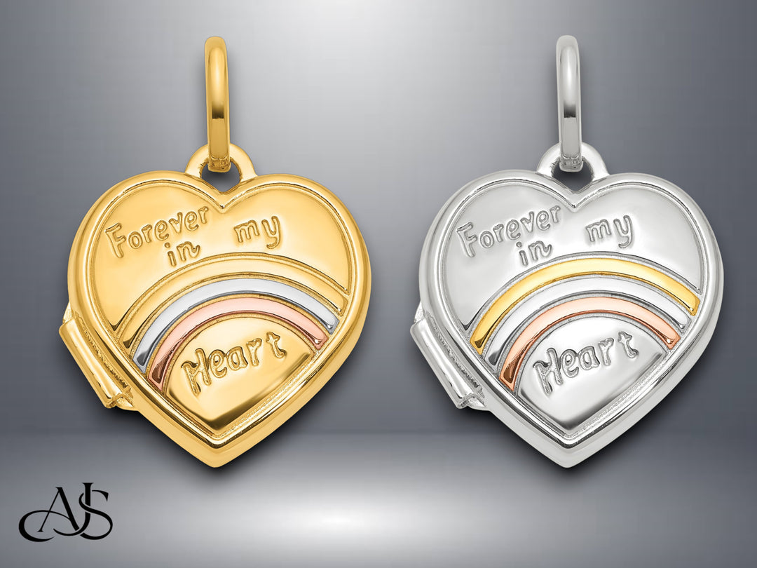 14K Yellow White Gold with Rose and White Rhodium forever in my heart 15mm Heart Locket | Build Your Locket Necklace with Engraving, Photo insertions, and Chain Options