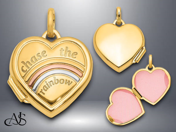 14K Yellow White Gold with Rose and Yellow Plating CHASE THE RAINBOW 15mm Heart Locket | Build Your Locket Necklace with Engraving, Photo insertions, and Chain Options