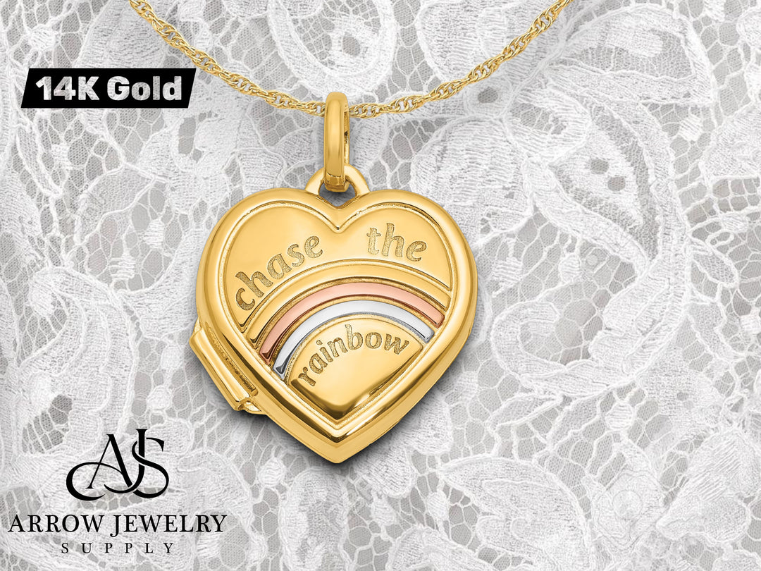 14K Yellow White Gold with Rose and Yellow Plating CHASE THE RAINBOW 15mm Heart Locket | Build Your Locket Necklace with Engraving, Photo insertions, and Chain Options