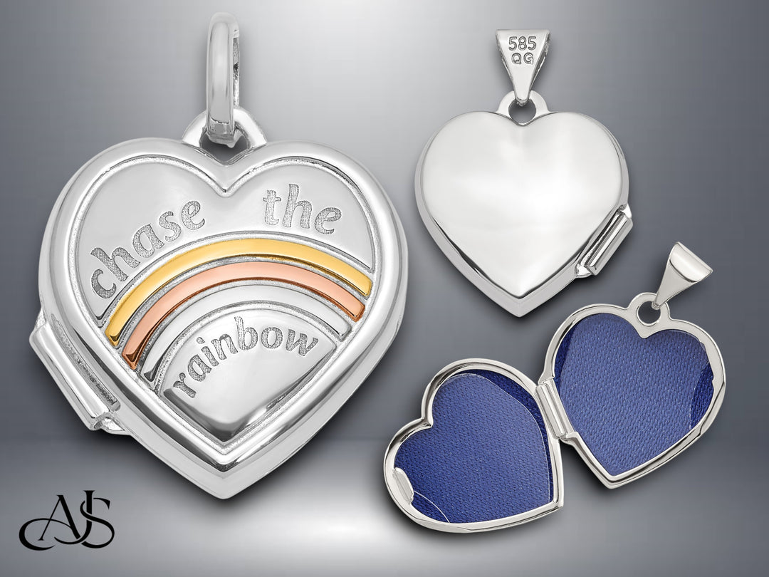 14K Yellow White Gold with Rose and Yellow Plating CHASE THE RAINBOW 15mm Heart Locket | Build Your Locket Necklace with Engraving, Photo insertions, and Chain Options