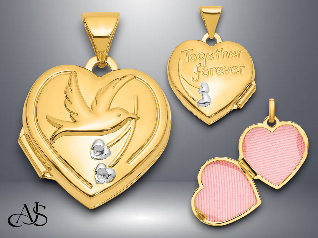 14K Yellow White Gold Dove Reversible to TOGETHER FOREVER 15mm Heart Locket | Build Your Locket Necklace with Engraving, Photo insertions, and Chain Options