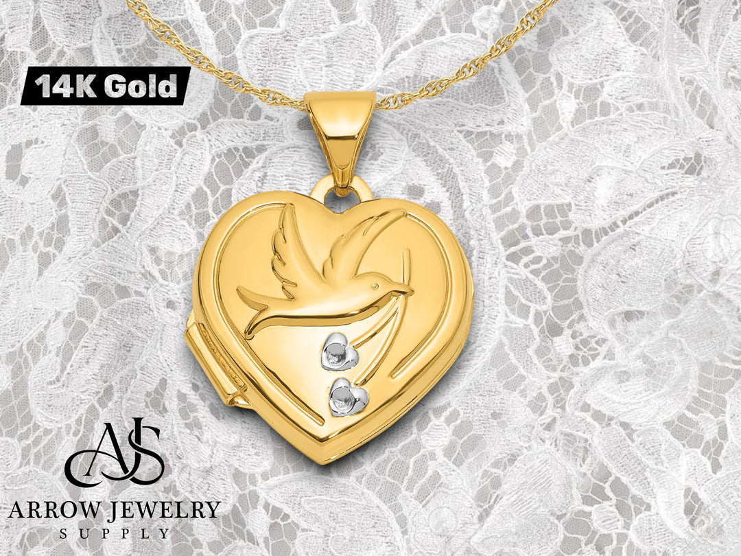 14K Yellow White Gold Dove Reversible to TOGETHER FOREVER 15mm Heart Locket | Build Your Locket Necklace with Engraving, Photo insertions, and Chain Options